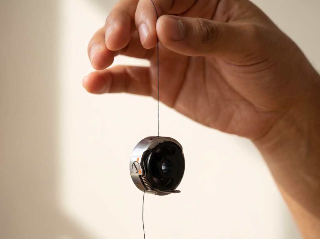 Bobbin case hanging by its thread demonstrating the correct drop test for checking bobbin tension