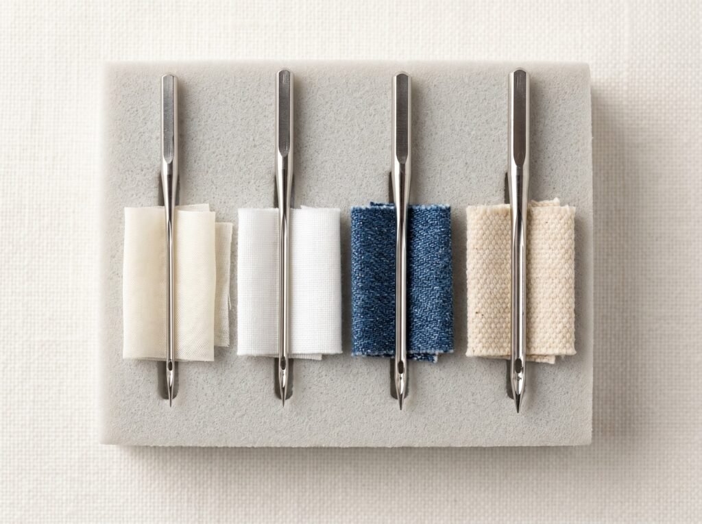 Four household sewing machine needles sizes 70/10 through 100/16 beside matching fabric swatches