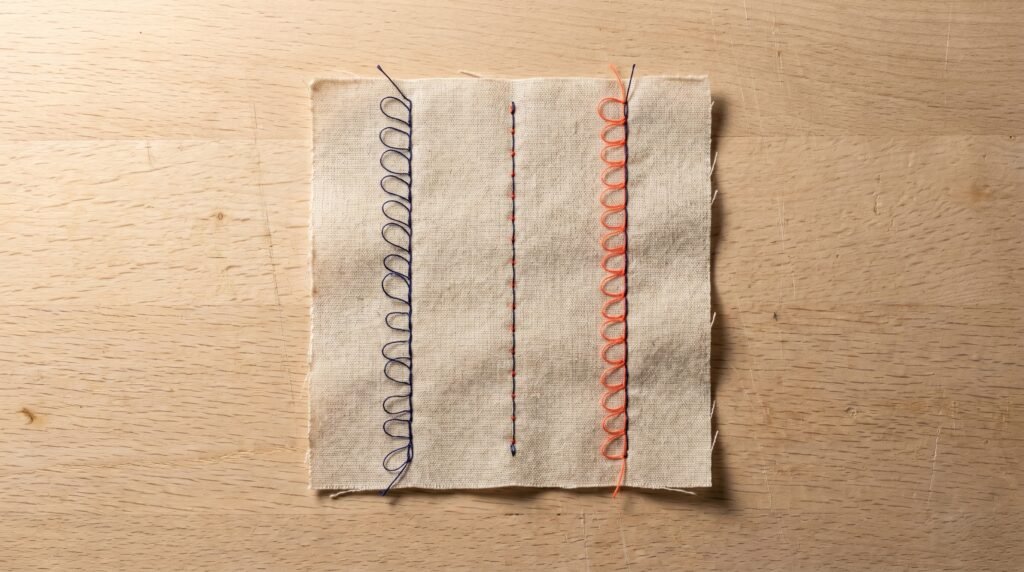 Back side of test fabric showing three tension states: loose, balanced, and tight upper thread