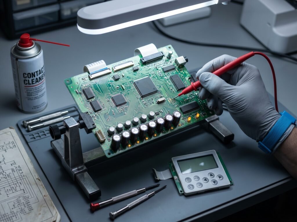 computerized sewing machine circuit board being tested by technician with multi-meter probe