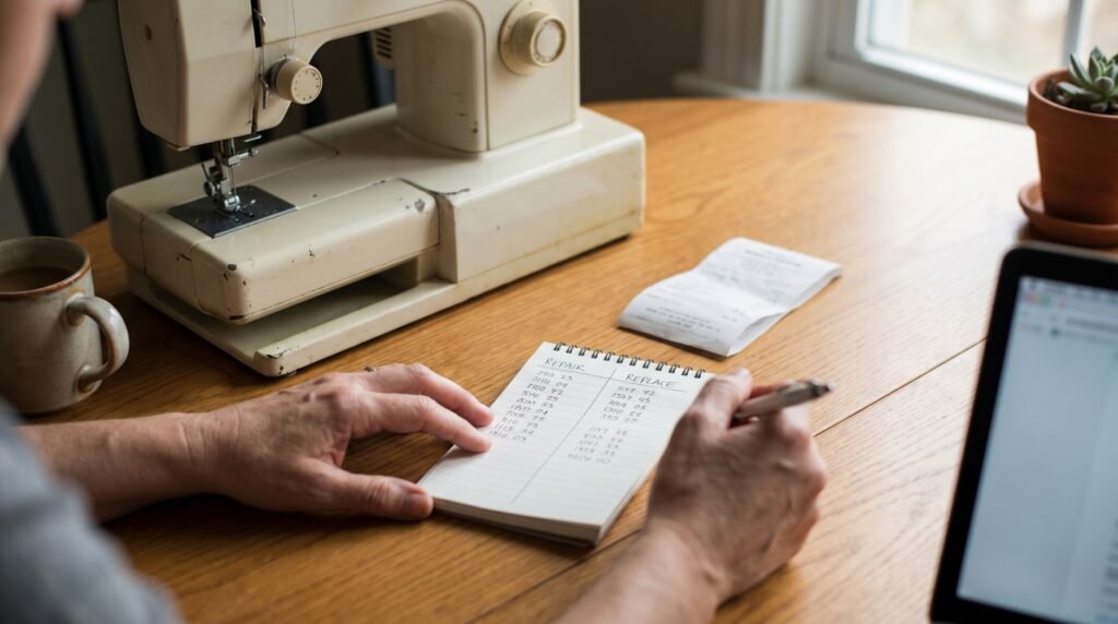 sewing machine owner comparing repair cost estimate against replacement price on notepad