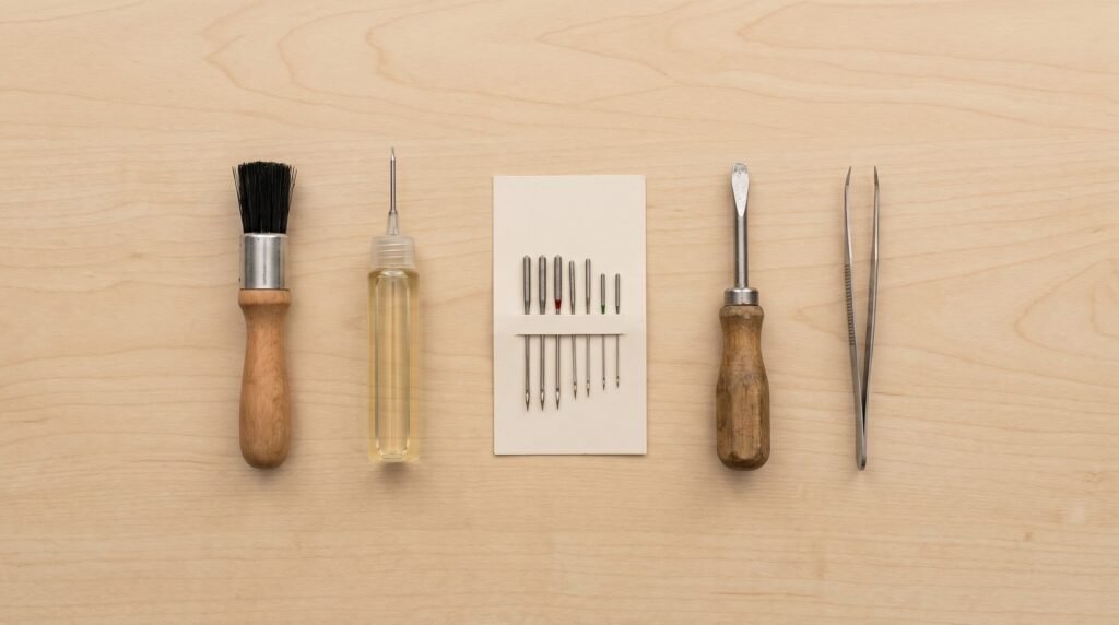 the five-item sewing machine maintenance toolkit laid out on a flat surface, including a card of sewing machine needles