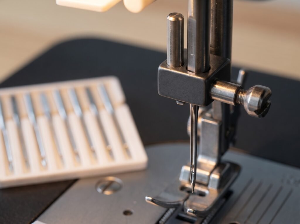 close-up of a sewing machine needle with a flat-sided cylindrical shank being installed into the needle clamp correctly