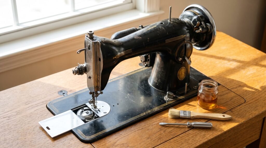 vintage all-metal sewing machine on a wooden table with sewing machine oil, a cleaning brush, and a screwdriver ready for service
